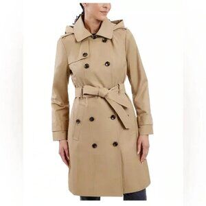 London Fog Cotton Blend Hooded Belted Tan Trench Coat Size SP Small Petite